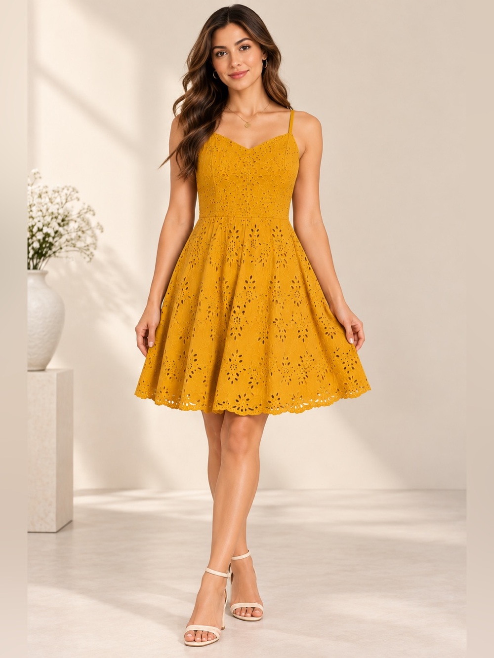 Old Navy Yellow Eyelet Fit & Flare Dress Women’s M